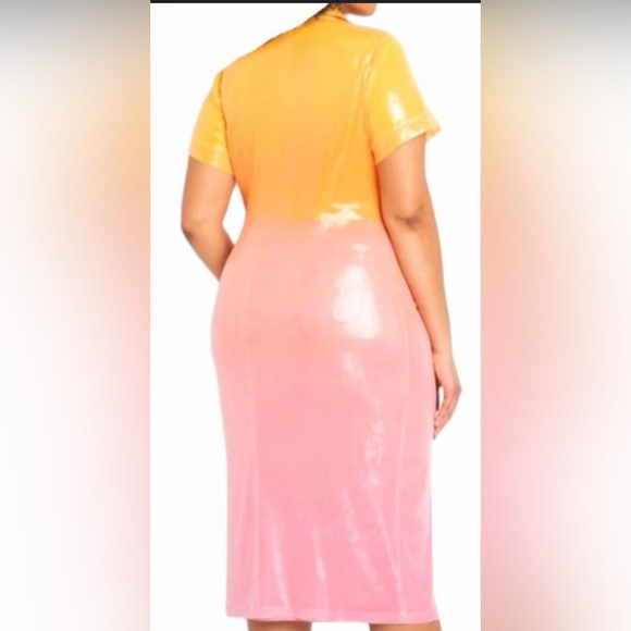 Eloquii NWT Ombre Sequin Orange & Pink Ruching Midi Dress w Front Snaps - Picture 9 of 9